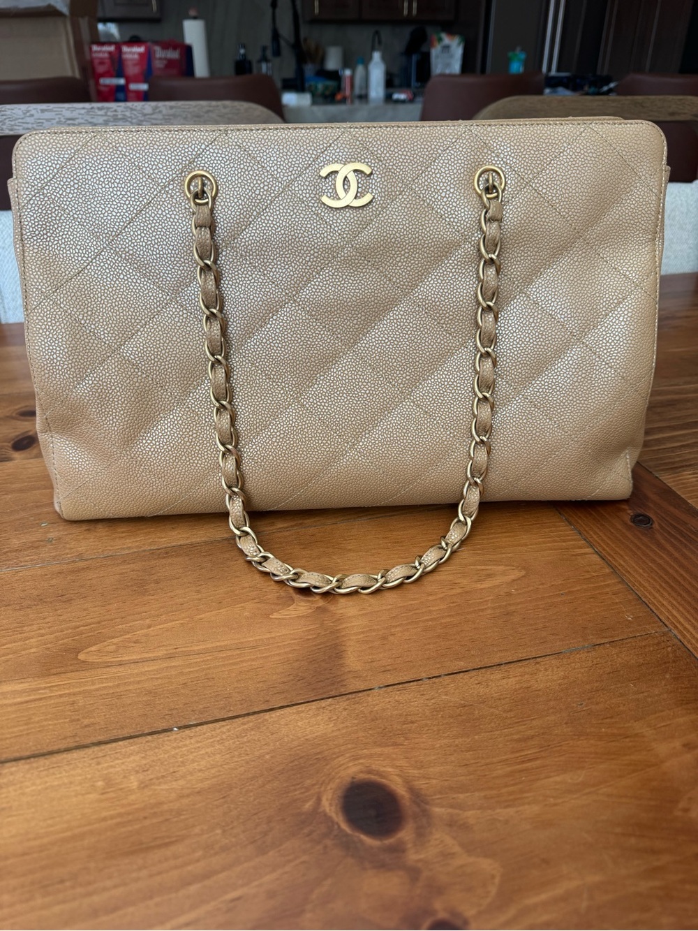 CHANEL Beige Quilted Caviar Leather Shoulder Bag with Gold Chain